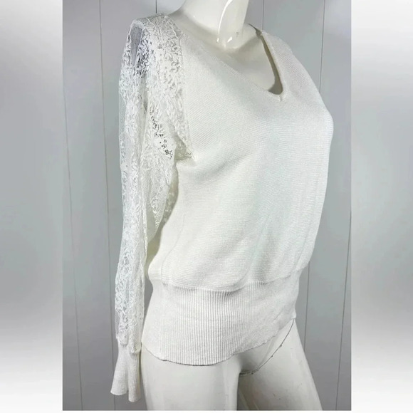 ZCSIA Sz L V-Neck Long Lace Mesh Sleeve Solid White Ribbed Knit Pullover - Picture 2 of 6